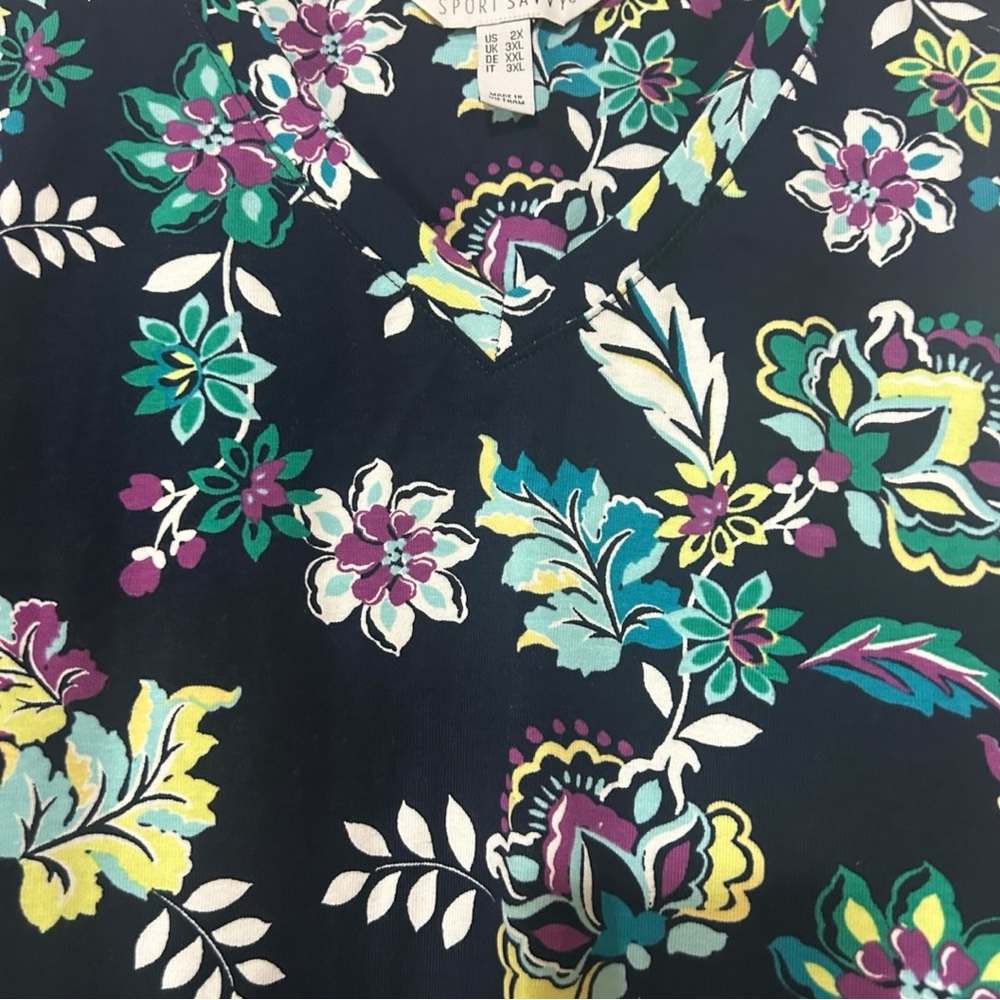 Floral Short Sleeve Tee - Navy with Green & Purple Floral - Picture 2 of 4